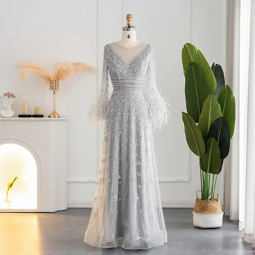 Sharon Said Luxuriöses Abendkleid mit Perlen und Silberfedern in Champagner für Damen, Hochzeit, Bankett, formelle Gala, Partykleid SS101, Maßanfertigung – Detail 8