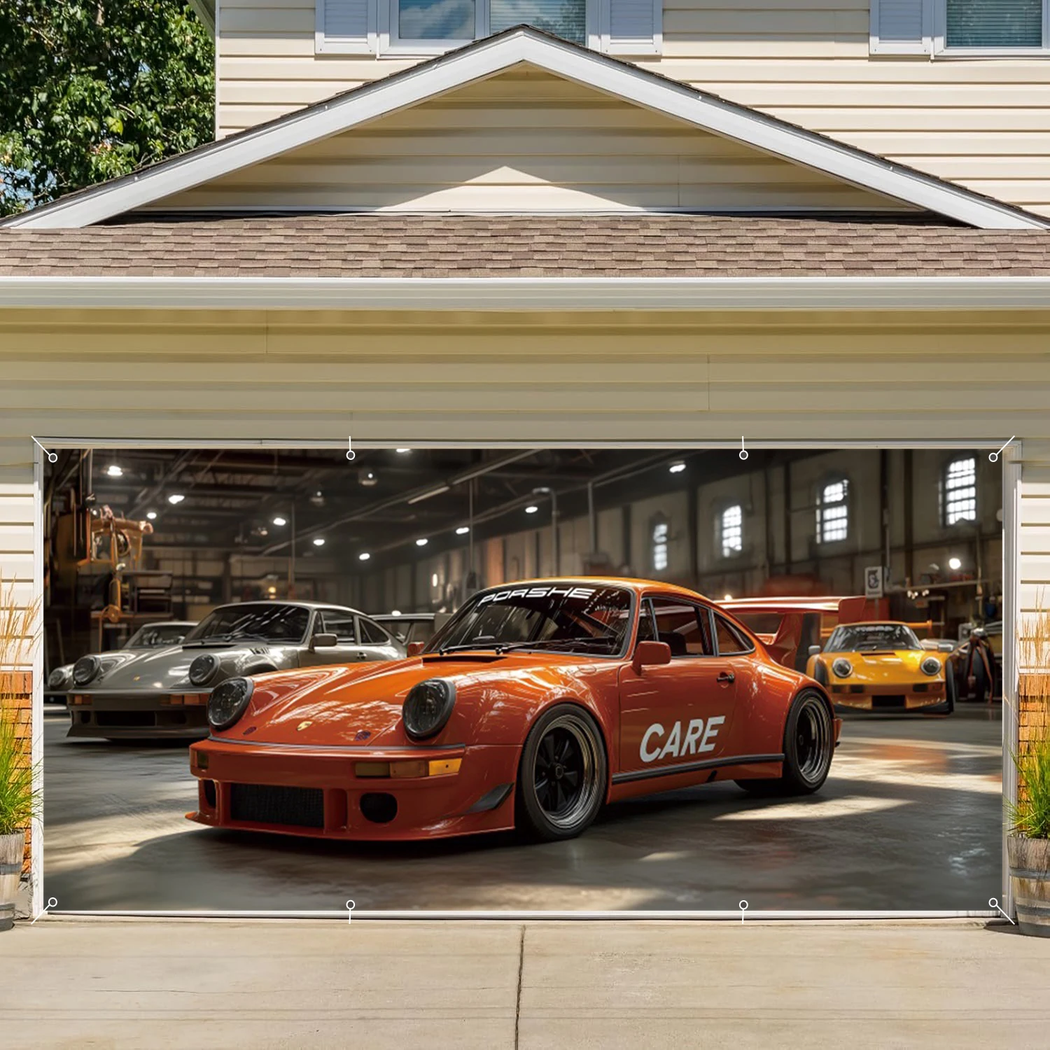 Vintage Car Garage Door Decorations Banner Racing Sports Car Parking Garage Backdrop Large Outdoor Garage Doorway Background