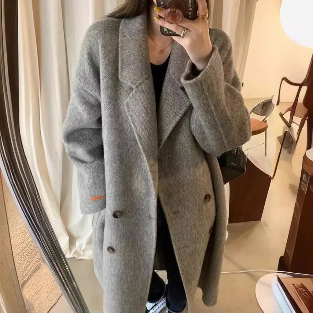 

Women's Double-Sided Cashmere Alpaca Outwear Gray Korean Style Loose Woolen Mid-Length Autumn Winter Jacket