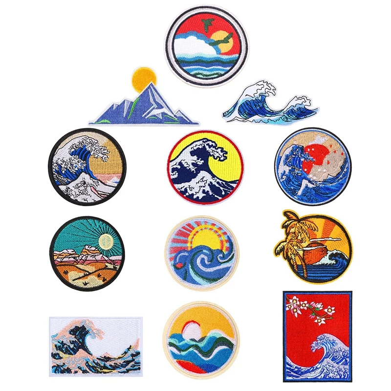 12Pc Wave Off Kanagawa Patch Embroidered Applique Badge Iron On Sew On Emblem For Craft,Decoration And DIY Clothes,Dress