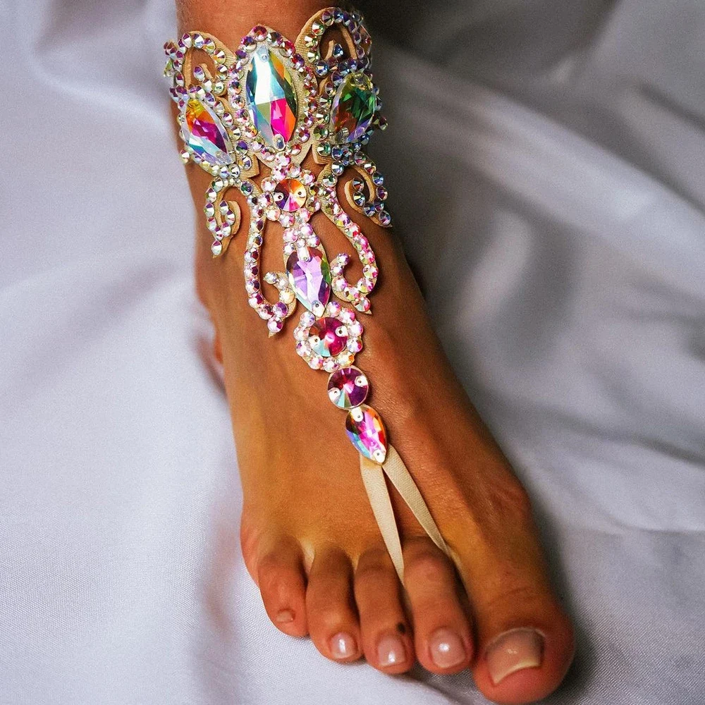 Sexy Colorful Hollow Toe Chain Anklet Belly Dance Accessories Beach Barefoot Geometric Rhinestone Anklet Bracelet for Women
