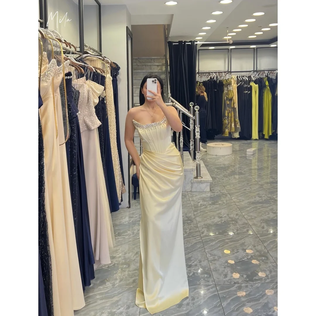 

Mila Champagne Satin Strapless Prom Dresses Rhinestone Trim Ruched Bodice Customized Formal Evening Mermaid Gown Party Dress