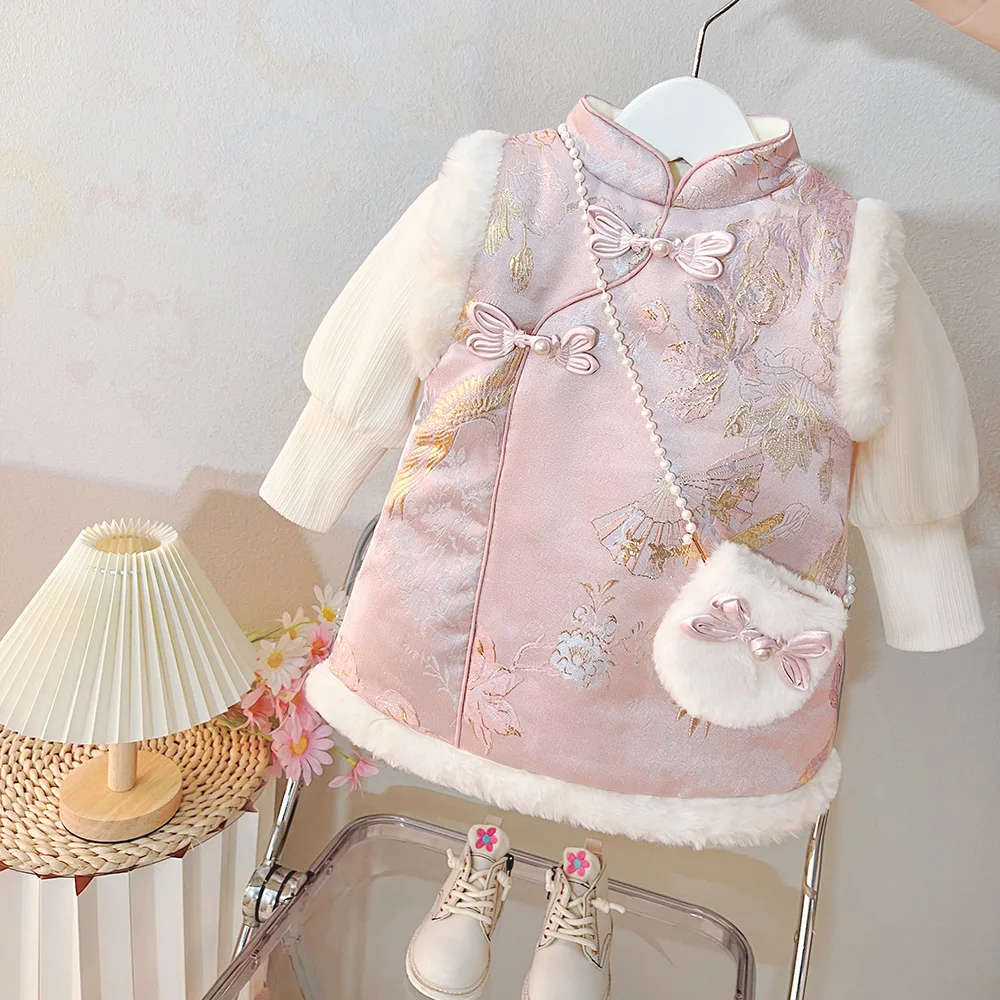 

Girls Winter Thick Dresses 2024 Children Warm Velvet T-shirts Down Vest Dress 2pcs Princess Dress + Bag Suit for Baby Clothes