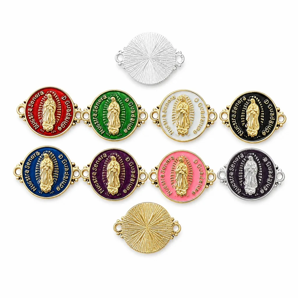 10Pcs Double Loops Enamel Guadalupe Medal Connectors Two Sided Radiant Back Zinc Alloy Religious Links Rosary Bracelet Necklace