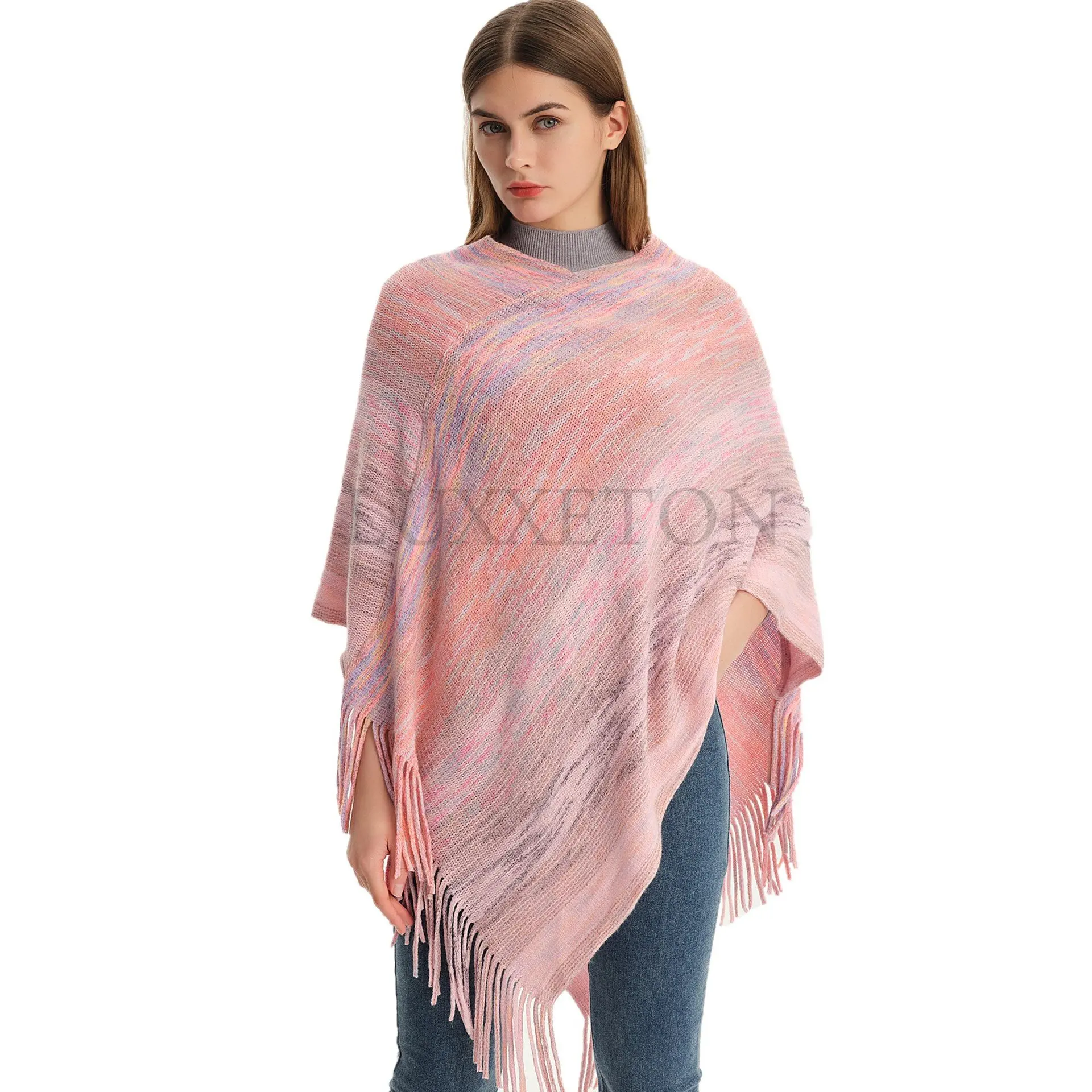 Rainbow Knitted Oversized Sweater Female Autumn Winter Fashion Tassel Knitwear Women Capes Ponchos Pullover Cloak Shawl Top