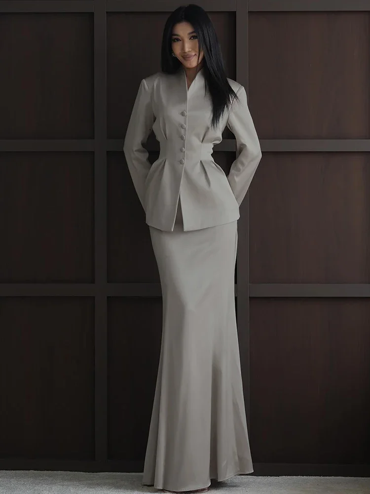 EOENKKY Office Blazer 2-Piece Set Women Single Breasted Ruffle Coat+Peach Hip Trumpet Skirt Matching Elegant Commute Outfits