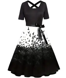 Plus Size Halloween Cosplay Dress, Women's Graphic Print Short Sleeve Round Neck Criss Cross Back Slight Stretch Bow Knot Dress