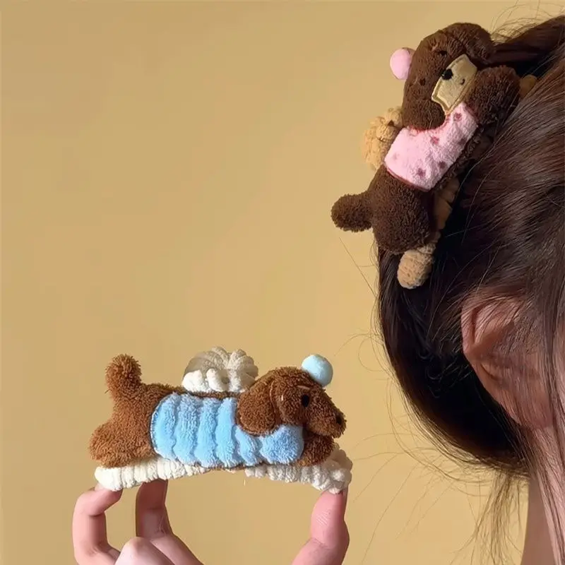 

Dachshund Furry Hair Claw Clip - Cute Plush Shark Clip for Thick Hair Winter Back-of-Head Hair Accessory