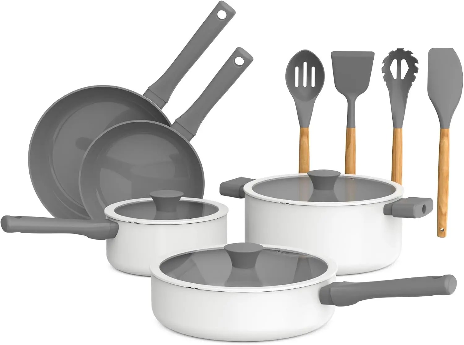 

12 Piece Cookware Set Ceramic Nonstick Coating and Silicone & Wood Utensils, Dishwasher Safe Silicone & Glass Lids, Oven Safe &