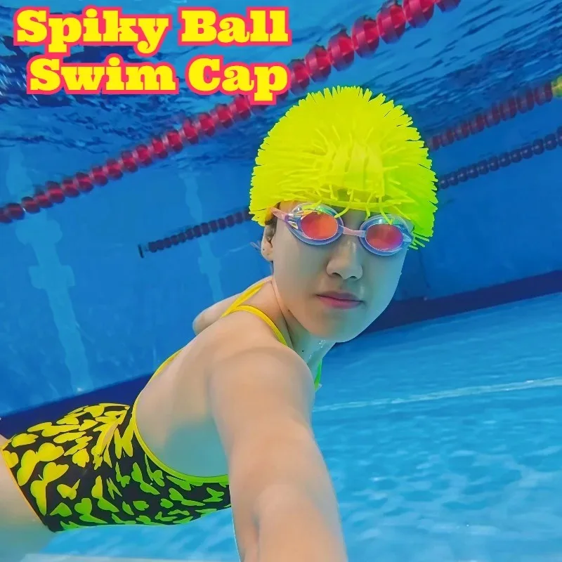 

Spiky Ball Funny Swim Cap Abstract Long Hair Design Extra Large No Tight Unisex Swimming Hat Comfortable Flexible Long Hair Pool
