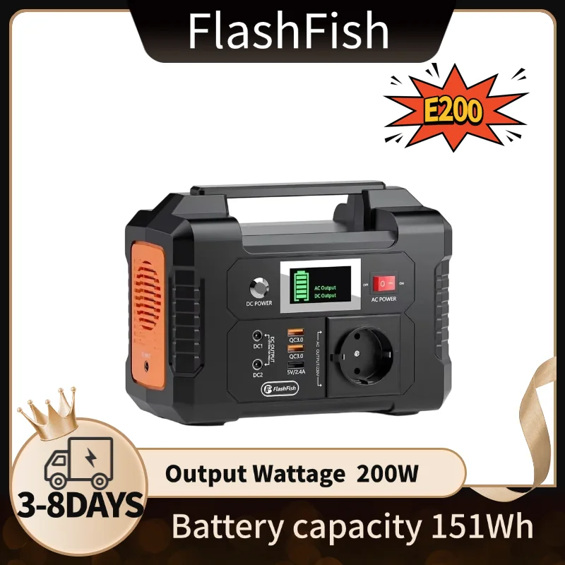 Station d'alimentation portable FlashFish E200 151Wh/200W |   Prise EU, sortie 230V AC |   Chargeur 3-en-1 solaire/AC/voiture |   Plus de 800 cycles de vie |   Alimentation de secours d'urgence pour le camping