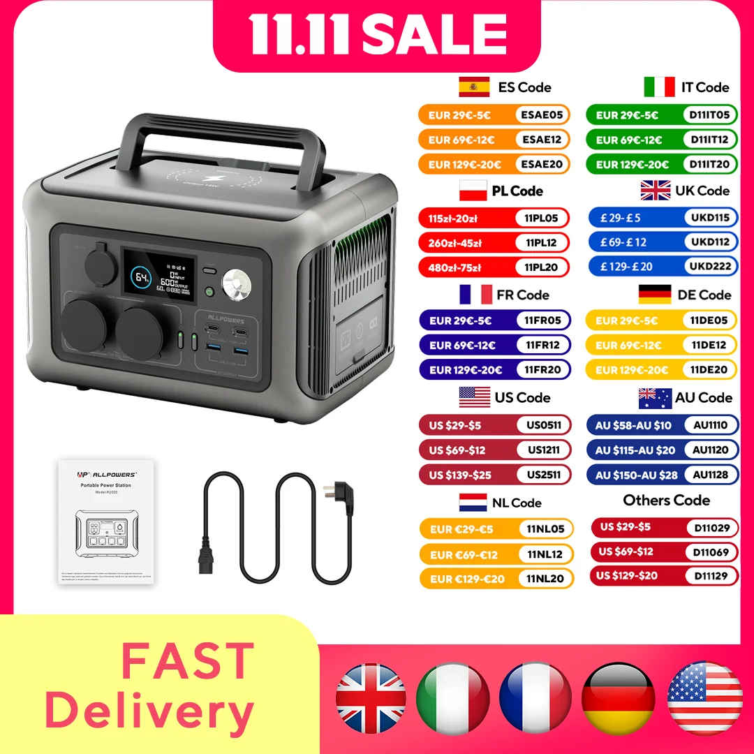 ALLPOWERS Portable Power Station R600, 299Wh LiFeP04 Battery with 2x 600W (1200W Surge) AC Outlets for Outdoor Camping RV Home