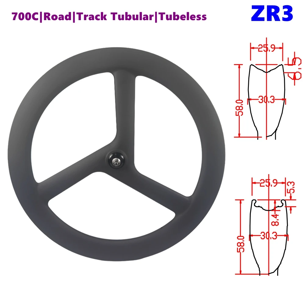 

BIKEDOC ZR3 Racing Track Carbon Tri Spoke Wheel set Road Disc 700C Speed 3 Spoke Wheels Flip -flop