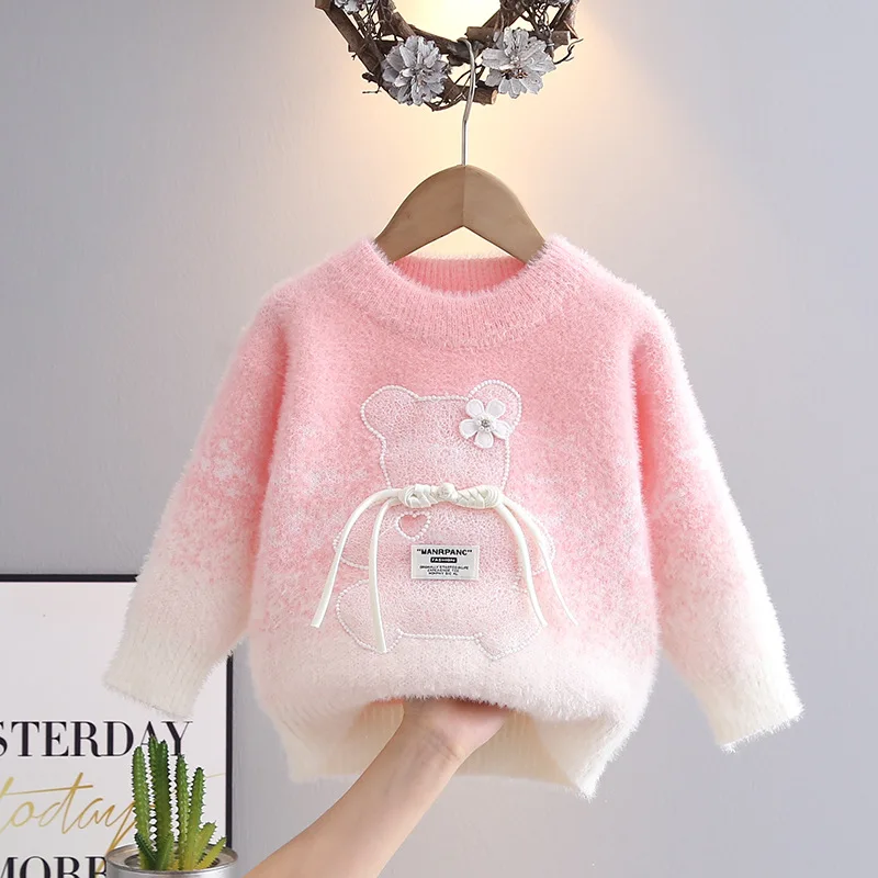 Fall Winter Baby Girls Sweater Bring Heat with Furry Looks Long Sleeve Little Girl Pullovers Jacquared Colorful Knitwear HY09051