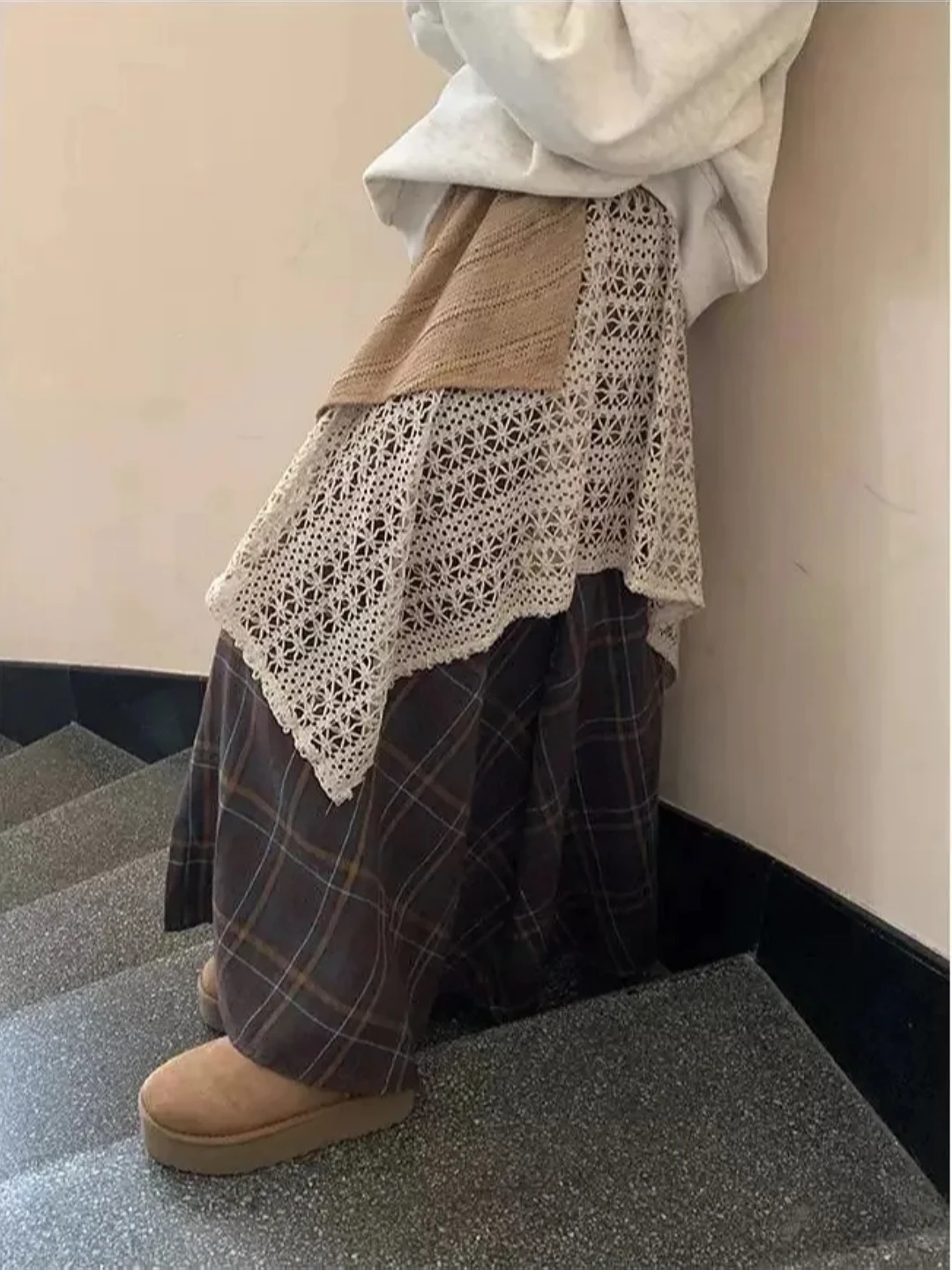 

Женская юбка А-силуэта в клетку большого размера, новая весенняя модель с высокой талией, в корейском стиле, с кружевом, для повседневной носки