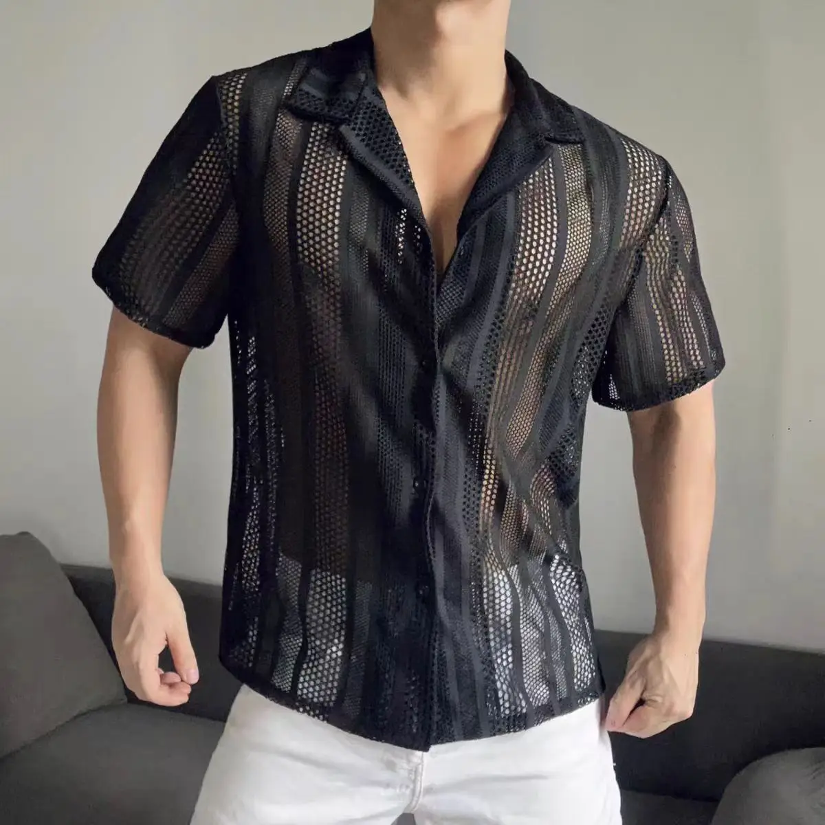 

New Fashion Retro Jacquard Hollowed Out Mesh Shirt Man Sexy Short Sleeved Lapel Shirt Loose Muscle Sports Casual Fitness