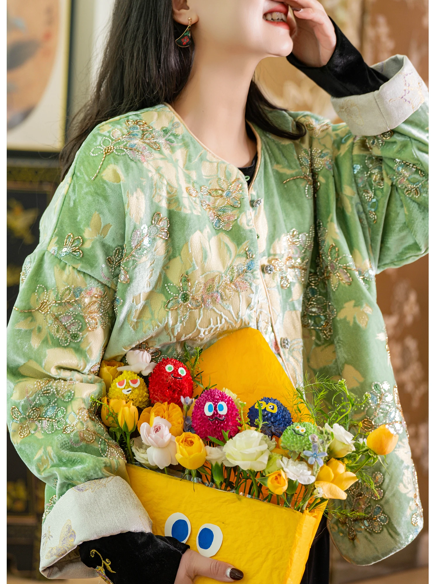 

Spring Bud Velvet Embroidered Floing round Ne Cotton Jaet Women's Thiened Long Sve Coat Chinese Brand Loose Fit