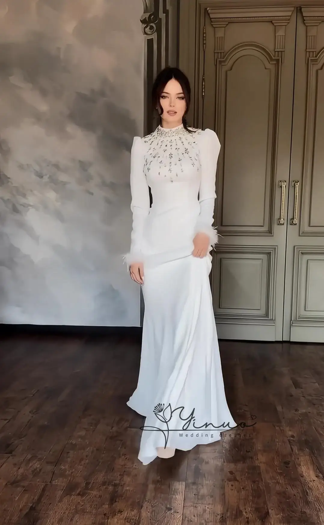 customized Elegant High Neck Prom Gown Women Beaded Long Sleeve Party Evening Dress Ankle Length customized Special Occasion Gow