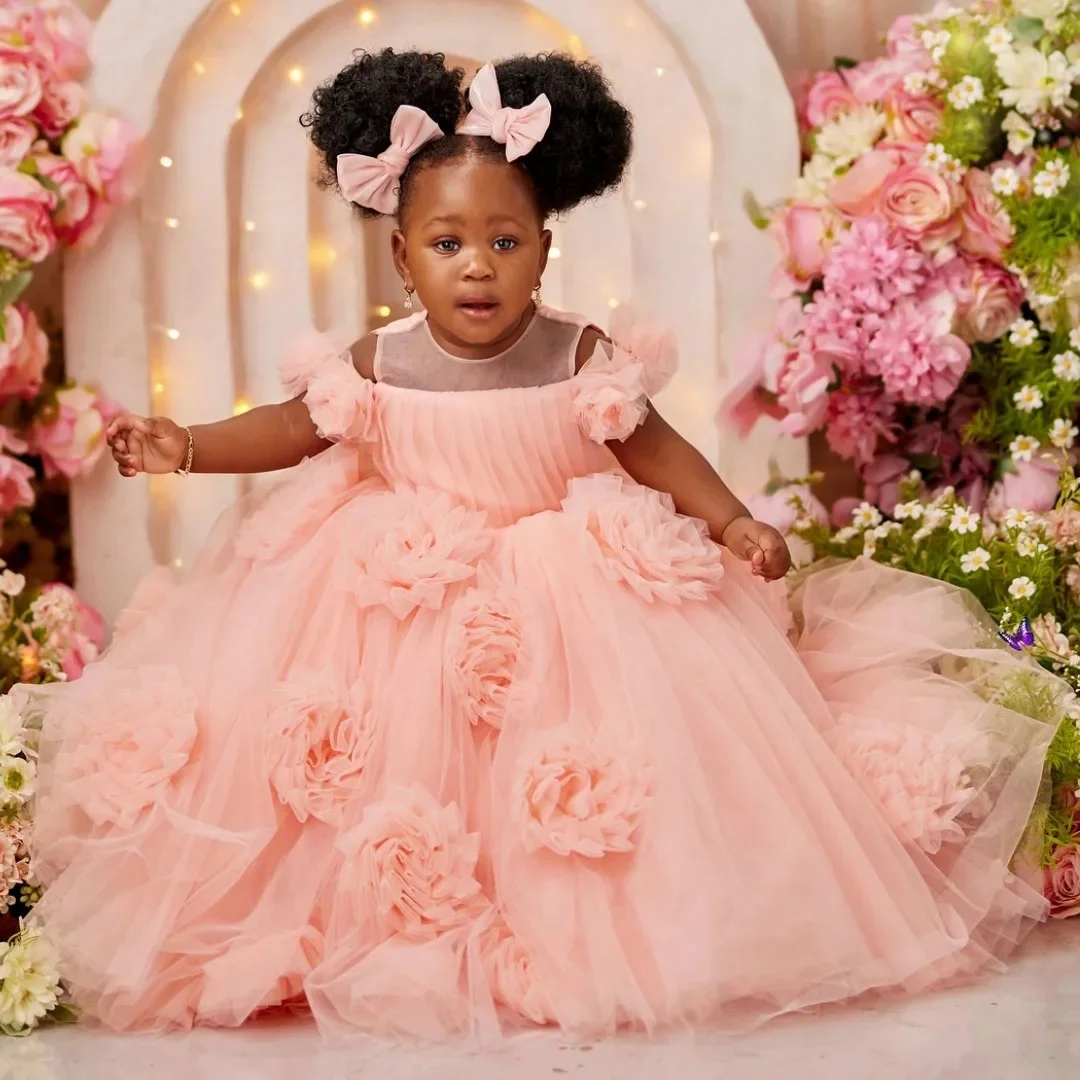 Customized Pink Flower Girl Dress For Wedding Puffy Ball Gown Girls Birthday Party Gowns Kids Prom Evening Banquet Princess Gown