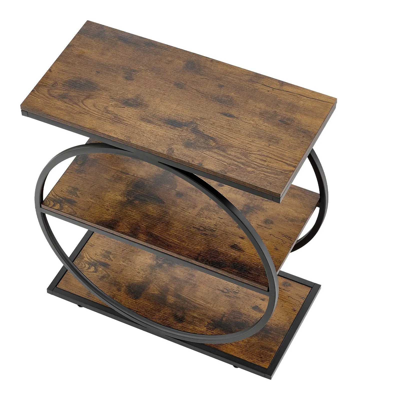 End Table, 3-Tier Narrow Side with Open Storage Shelves, Modern Nightstand Bedside Desk Round Metal Frame, Wood Sofa Coffee for