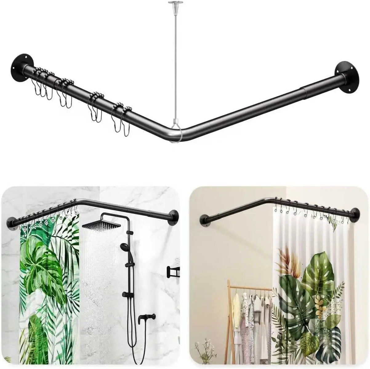 

L Shaped Shower Curtain Rod - [23''-53''] x [23''-53''] Adjustable Corner Shower Curtain Rod 90 Degree Black for Bathroom Bat