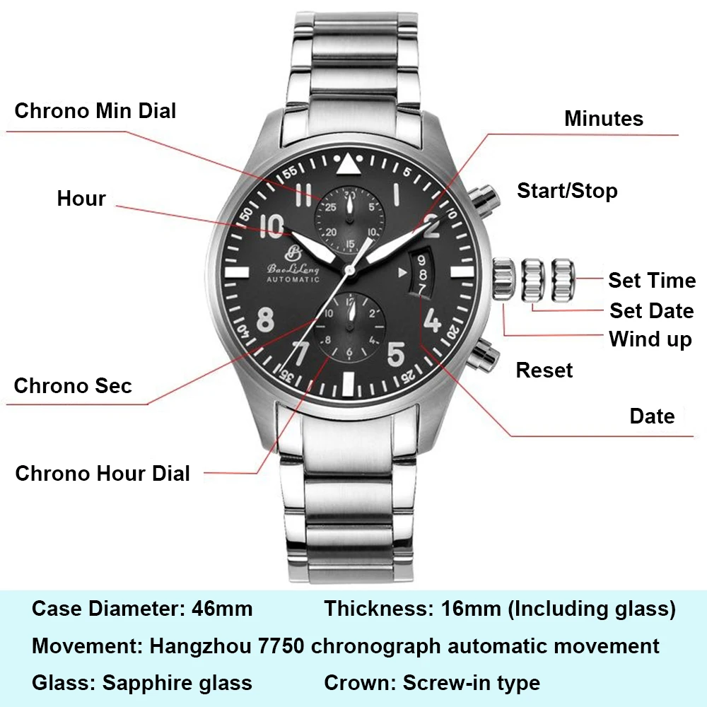 Pilot Chronograph Watch Men 7750 Chrono Automatic Watches Vintage 46mm Mechanical Wristwatches Military Airforce Clock BAOLILONG