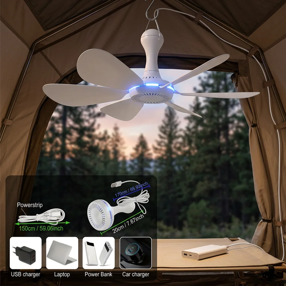 

1 Set of USB Mini Quiet Ceiling Fans for Camping, Emergency Portable Outdoor Hanging Fans for Gazebos, Sheds, Dorms, Silent Fans with Extension Cord, White Fan