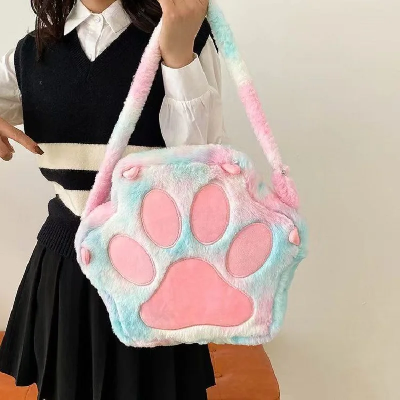 36cm Cat Claw Plush Backpack Large Capacity Women Plush Crossbody Bag Girl Cartoon Fluffy Storage Shouder Bag School Bags Gifts