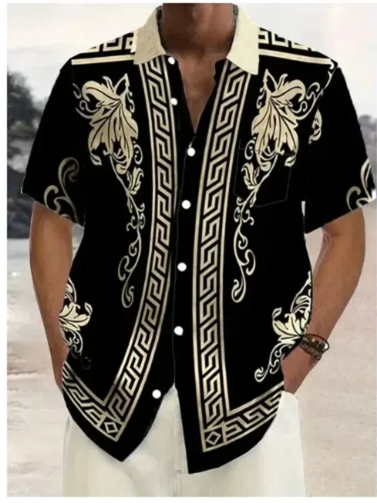 

2024 Summer Fashion Men's Top Gold Luxury Stripe Printed Men's Short sleeved Shirt Suitable for Party Travel Dressing