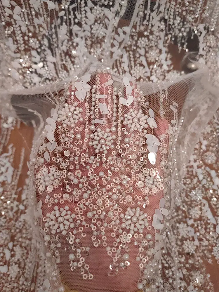 New Arrival High End Exquisite White Beaded Sequined Lace Fabric For DIY Wedding Dress And Clothing Accessories Decoration