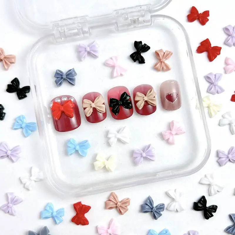 50PCS หวาน Minimalism สีทึบโบว์เล็บ Charms 3D เรซิ่นหลายสีริ้วรอยตกแต่งเล็บเล็บ DIY อุปกรณ์