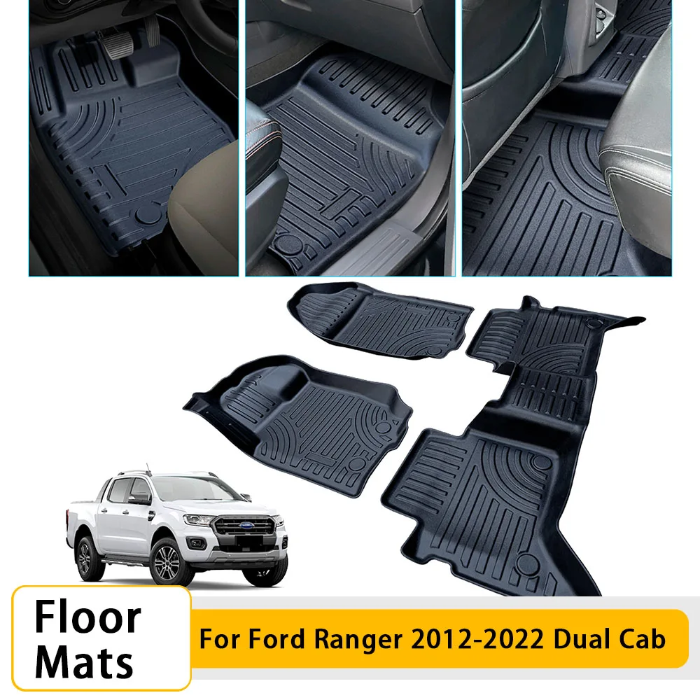 Rubber Car Floor Mats for Ford Ranger 2012-2022 T6 T7 T8 Double Cabin Models 3D edge design Front & Rear set Foot Pads