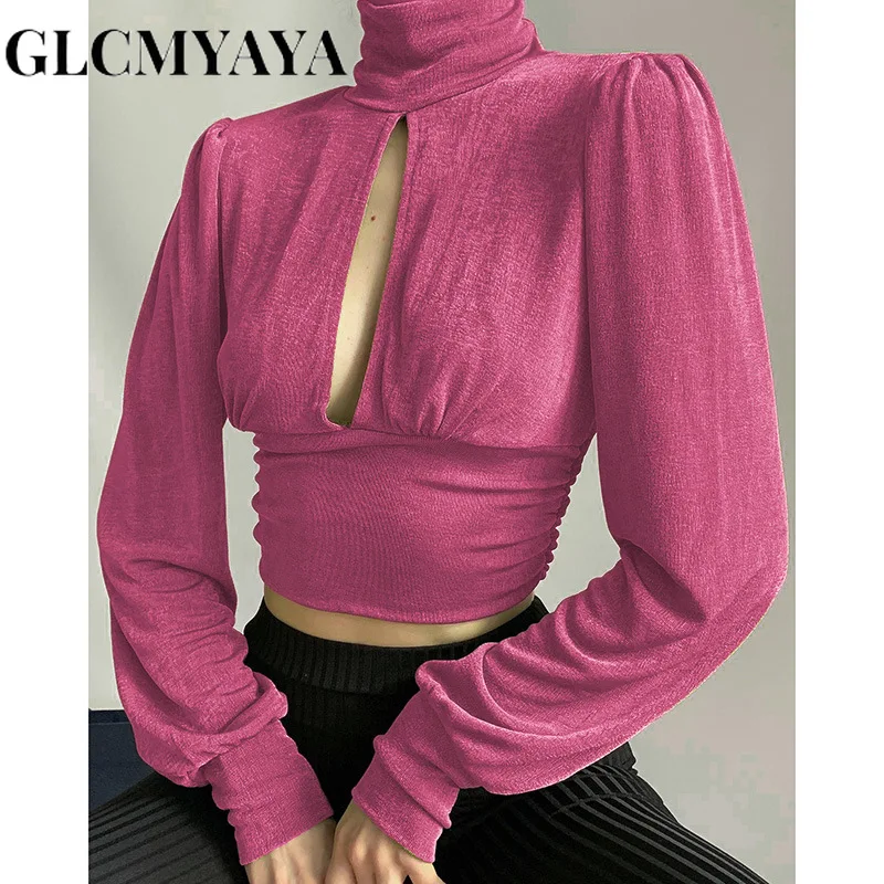 GLCMYAYA Women Hollow Out Turtleneck Long Sleeve Girdling Slim Solid Tee Tops 2023 Fashion Sexy Party Basics Hotsweet T-Shirts