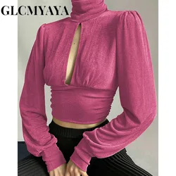 GLCMYAYA Women Hollow Out Turtleneck Long Sleeve Girdling Slim Solid Tee Tops 2023 Fashion Sexy Party Basics Hotsweet T-Shirts