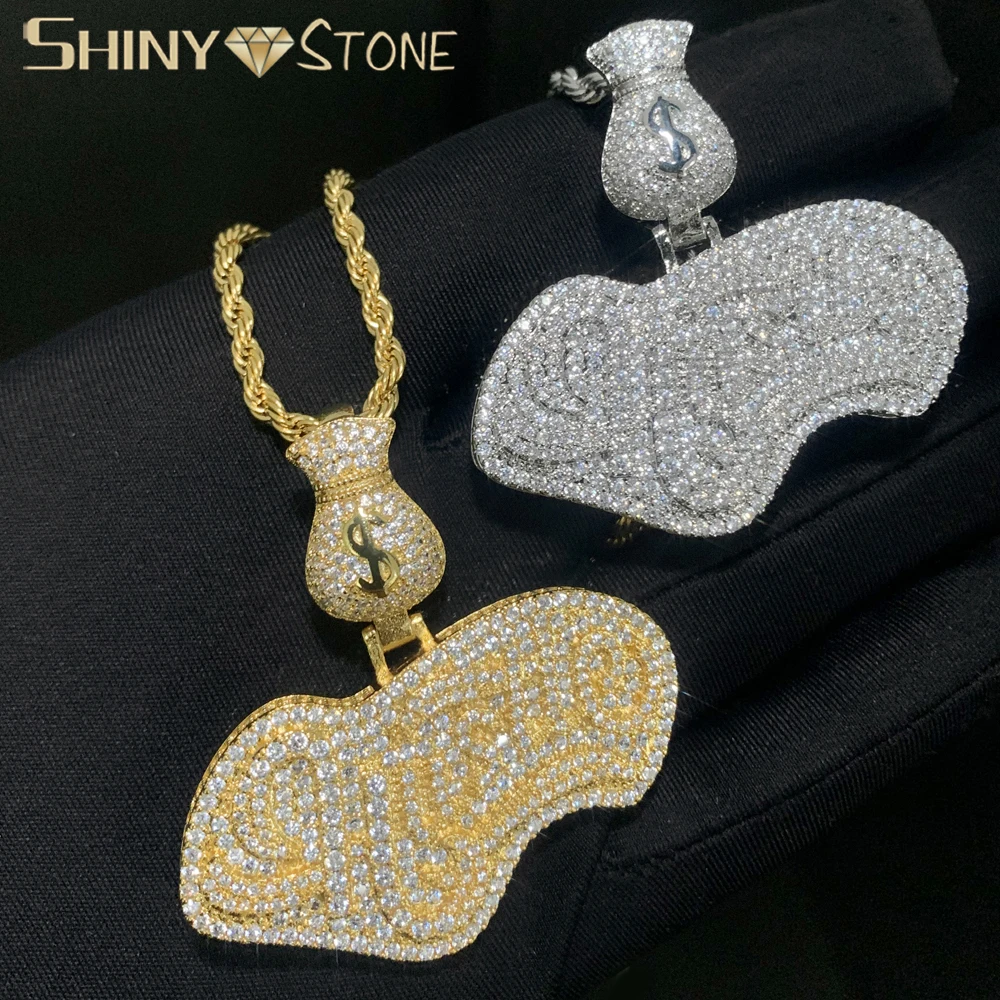 Bling Cz Paved Letter Hustle Pendant with Dollar Bag Iced Out Zirconia Gold Color Necklace Men Women Hip Hop Jewelry