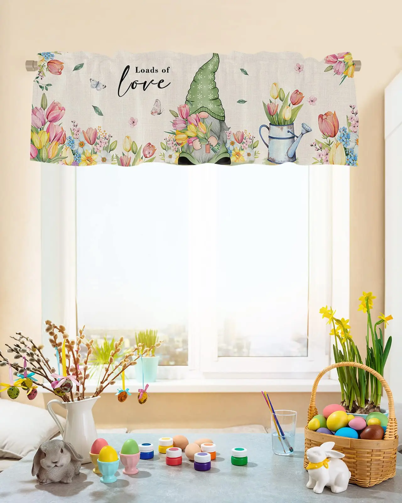 Kitchen Curtain Valance, Gnome Colorful Flower Tulip Watercolor Floral Short Rod Pocket Window Curtain for Bedroom, Bathroom