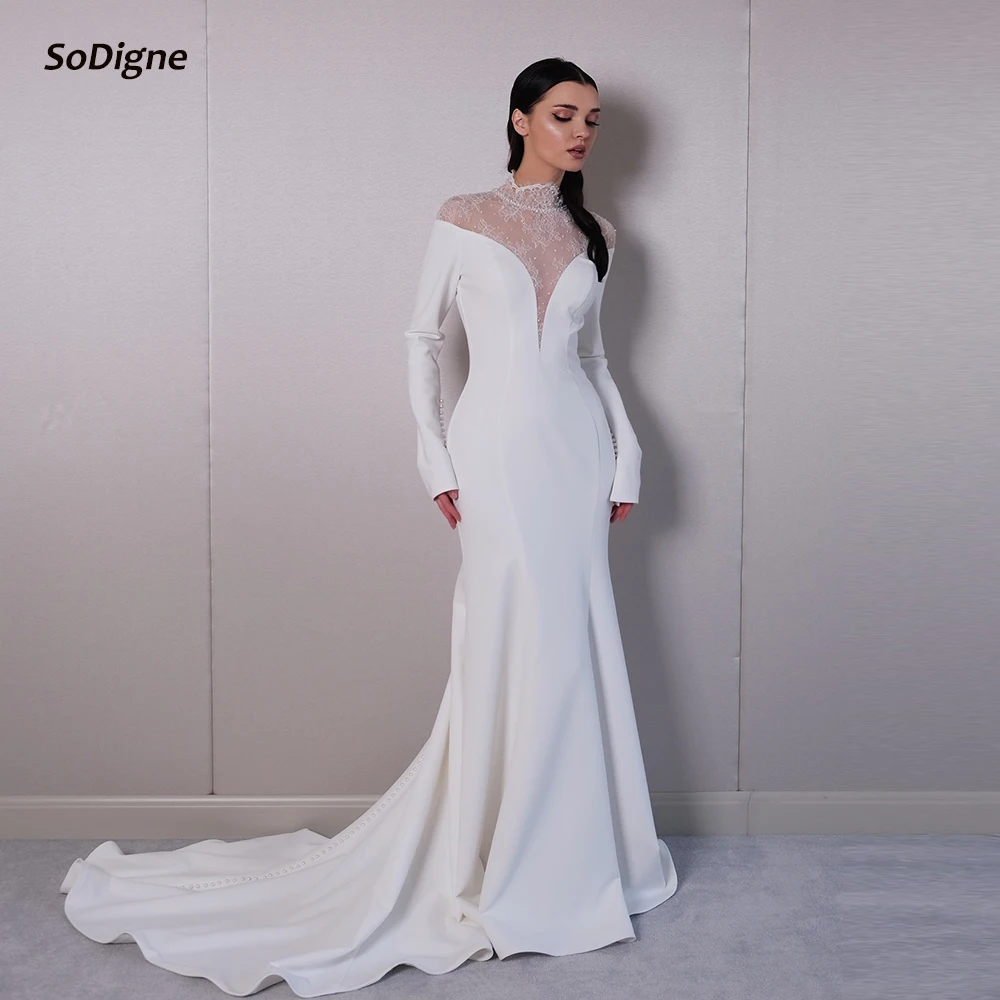 

SoDigne Mermaid Lace/Satin Bride Dresses High Neck Full Sleeves Wedding Dress Long Bridal Gowns vestidos de novia Customized