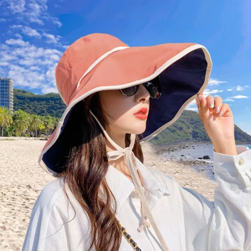 

Solid Color Wide Brim Sun Hat Korean Style with Neck Rope Sun Protection Hat Fisherman Hat Anti-UV Women Bucket Hat Girl
