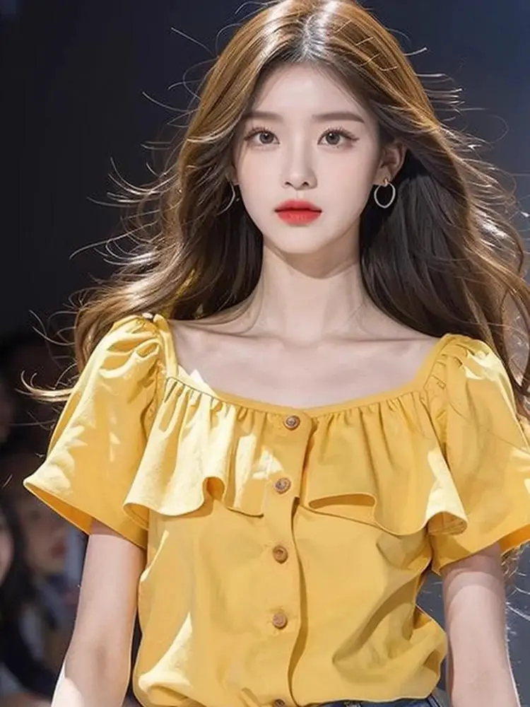 

Лето 2025 года, дизайнерские рубашки с оборками, однотонные однобортные рукава с пышными рукавами, модная элегантная милая женская одежда