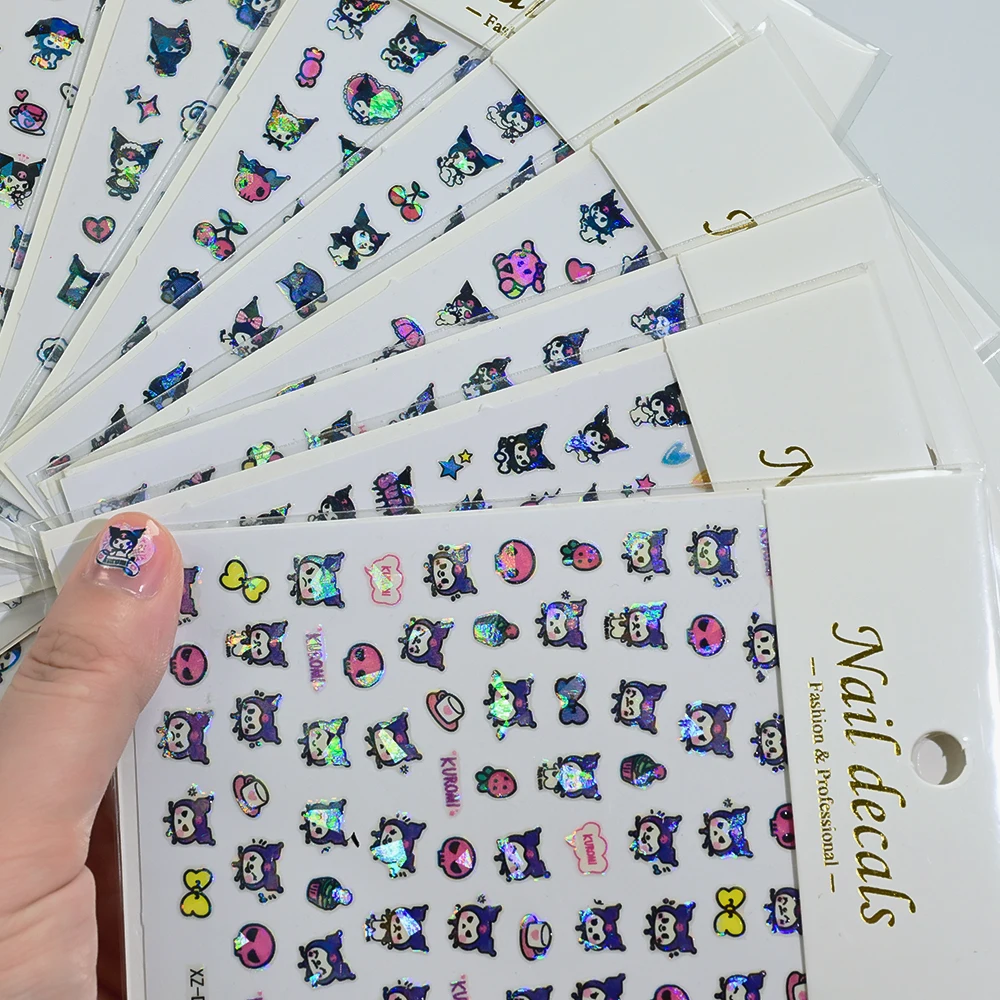 12 hojas de pegatinas 3D para uñas de pequeño diablo Kuromi para niñas, brillo láser Kawaii, calcomanía para uñas con melodía de Hellokitty, manicura de personajes de Anime