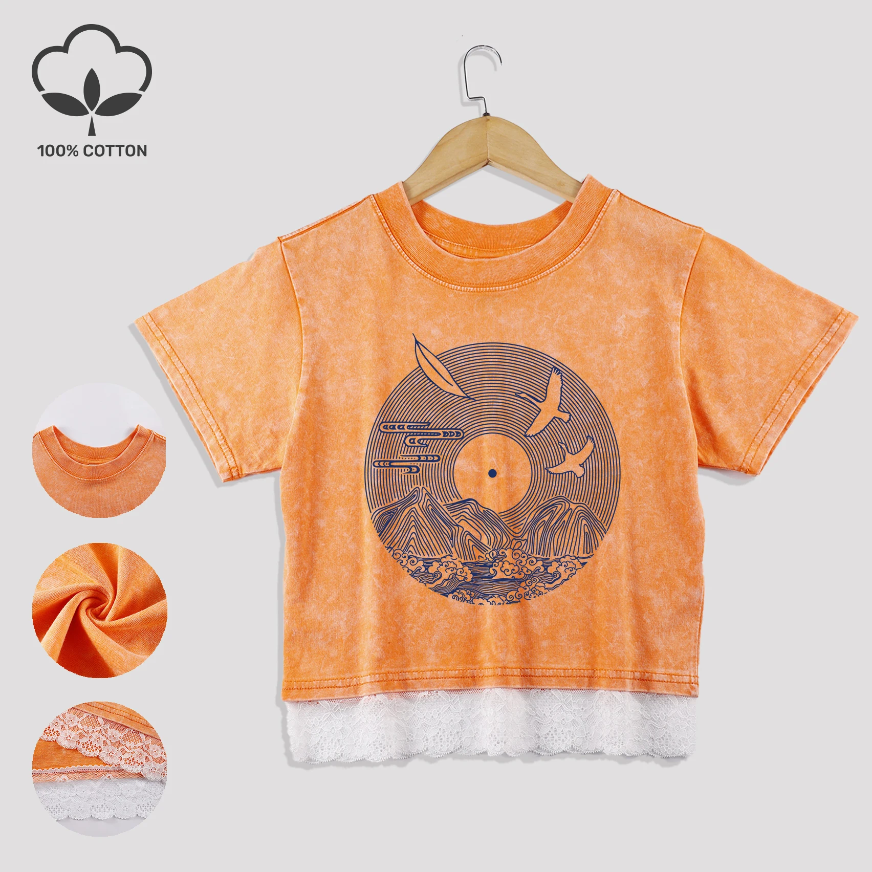 

Mountain Flock Bird Flock Tsunami Crop Washed T Shirts Women Fashion Tee Summer Lace Splicing Clothes Casual Cotton Creative Top