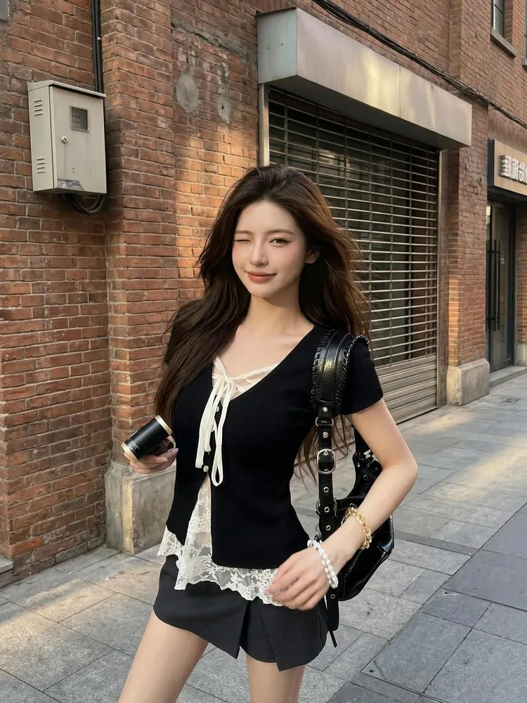 

Slim Fit Lace Panel ort Sve V-Ne T-irt Women's Design Sense Belted Summer New Sle Korean Version Commute Wind