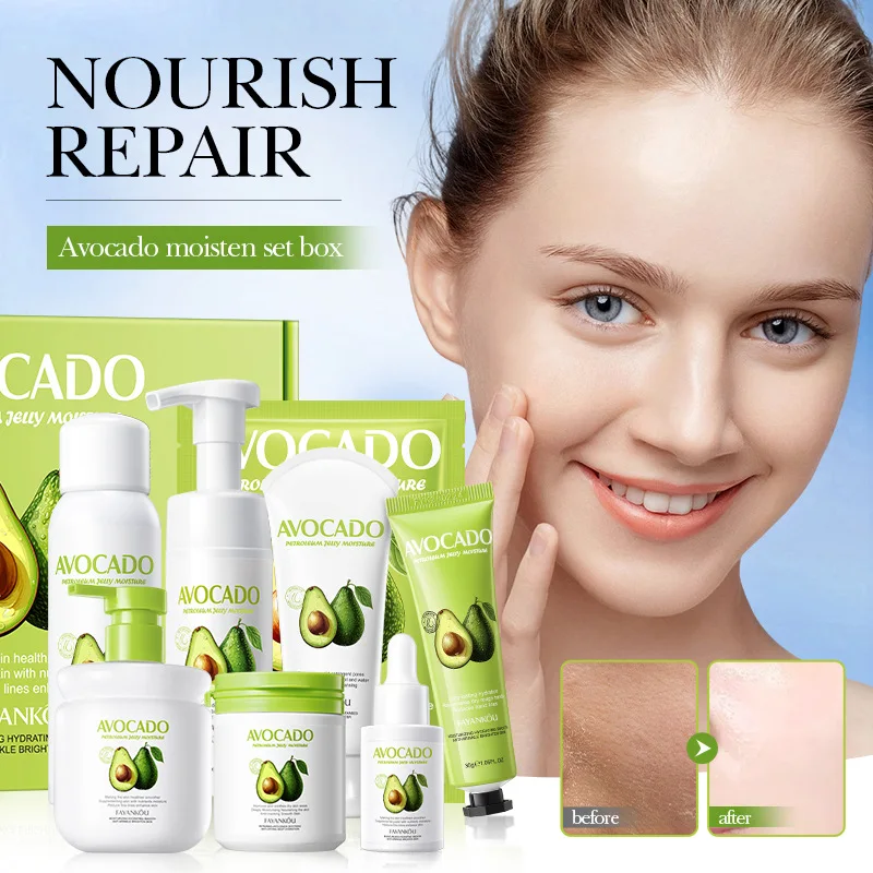 12pcs/set Avocado Skin Care Sets Facial Moisturizing Face Cream Serum Facial Cleanser Hand Cream Body Lotion Skin Care Products