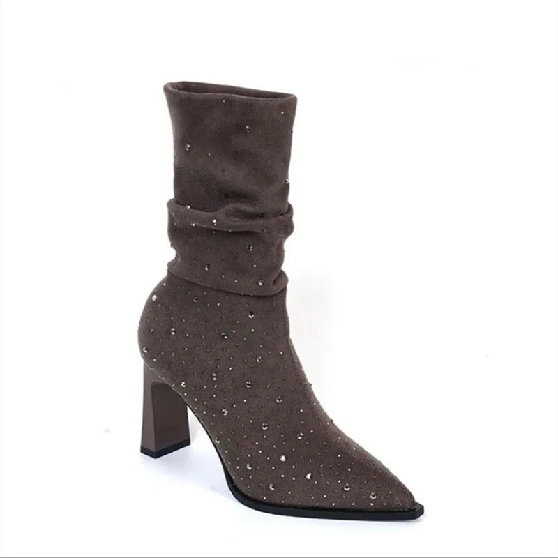 

Pile up women's boots retro waterdrop diamond sleeve high heels 2024 winter new pleated mid length boots women's fashion boots