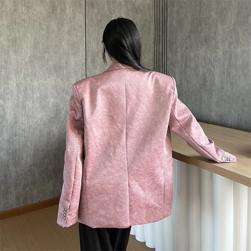 Women\'s Fashion Oversized Blazer High Street Style Serpentine Patern Luxury Pink Suit Jacket Unisex Loose Coat 2024 Winter New