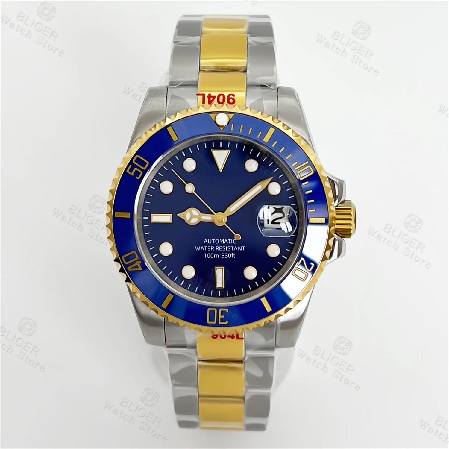BLIGER 40mm NH35 Automatic Movement Men's Diver Watches Blue Dial Sapphire Glass Ceramic Bezel Stainless Steel Silver Gold Strap