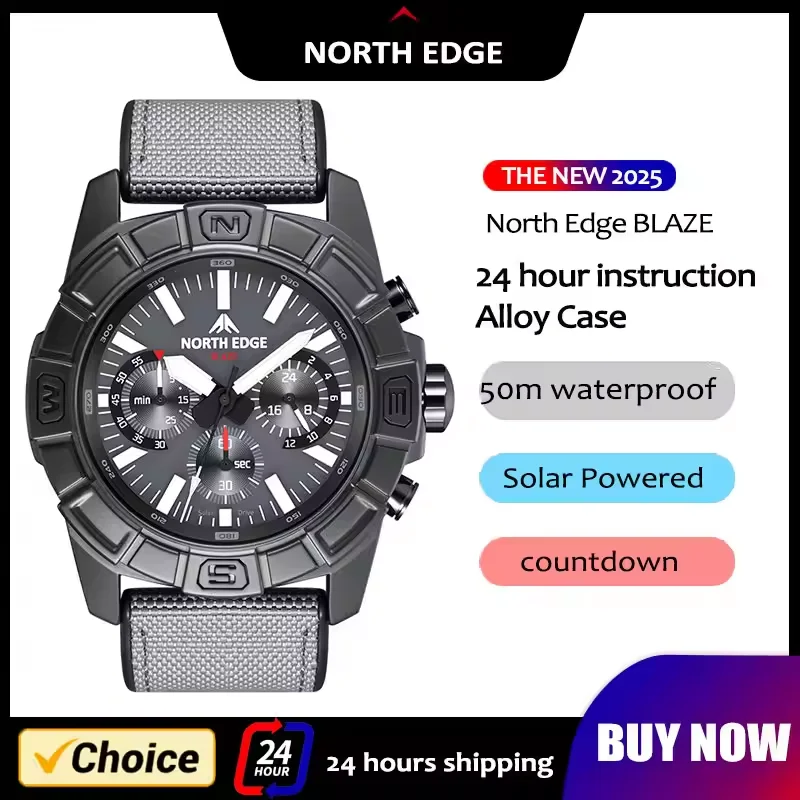 NORTH EDGE BLAZE Men's Watches Solar Power 316 Stainless Steel Case Quartz Watch For Men Pilot Sports Waterproof 50M Stopwatch