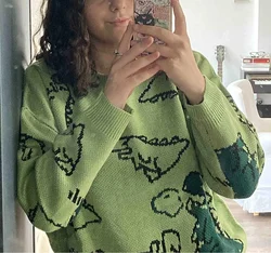 Women's Y2k Harajuku Knitted Sweater Cartoon Dinosaur Print Long Sleeve Pullover Jumper Top Knitwear Streetwear for Teen Girls