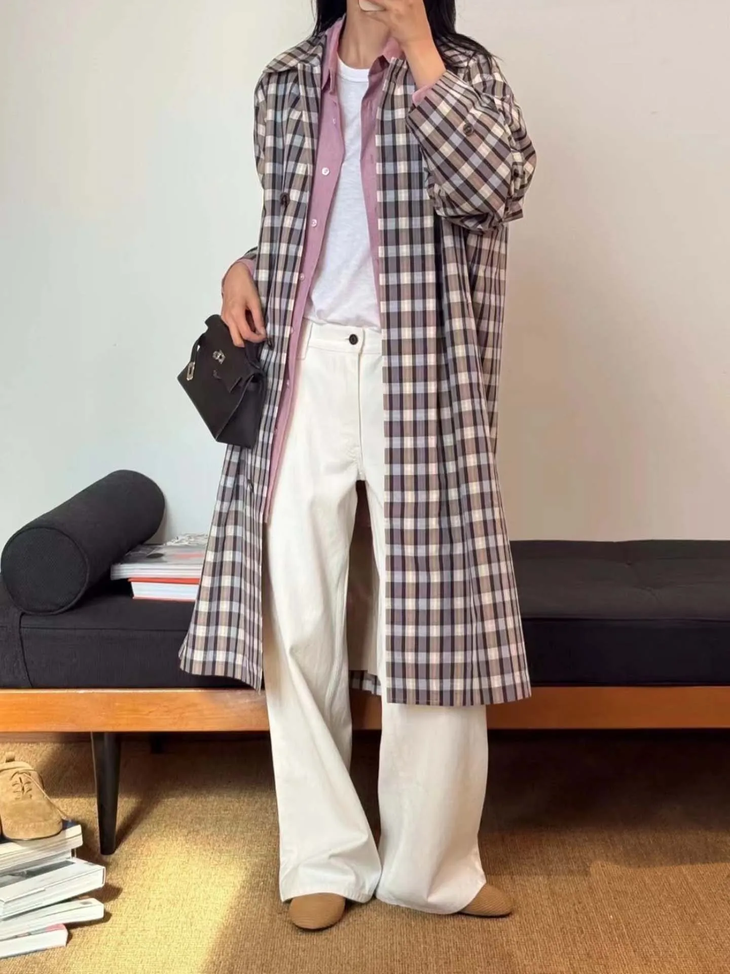 

Pure Quali Double Layered Color Woven Plaid Coat Sle Commute Loose Fit Cotton Polyester Autumn Winter Women's Jaet