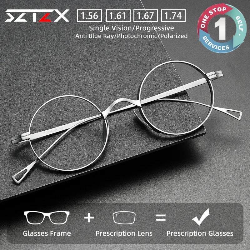 

SZTZX Fashion Pure Titanium Prescription Glasses Men Women's Small Frame Reading Glasses Anti Blue Light Progressive Eyeglasses
